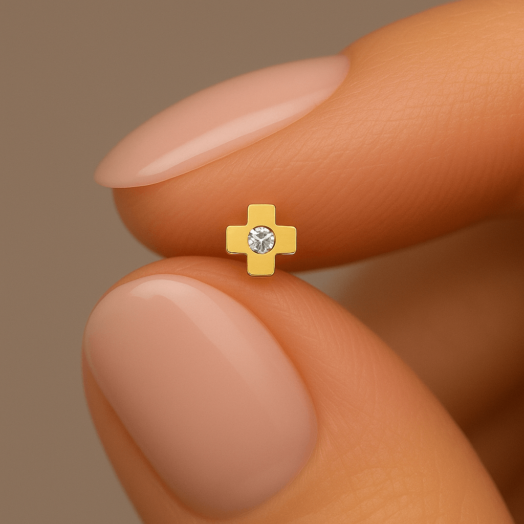 9K Gold Cubic Zirconia Jewelled Cross Nose Bone