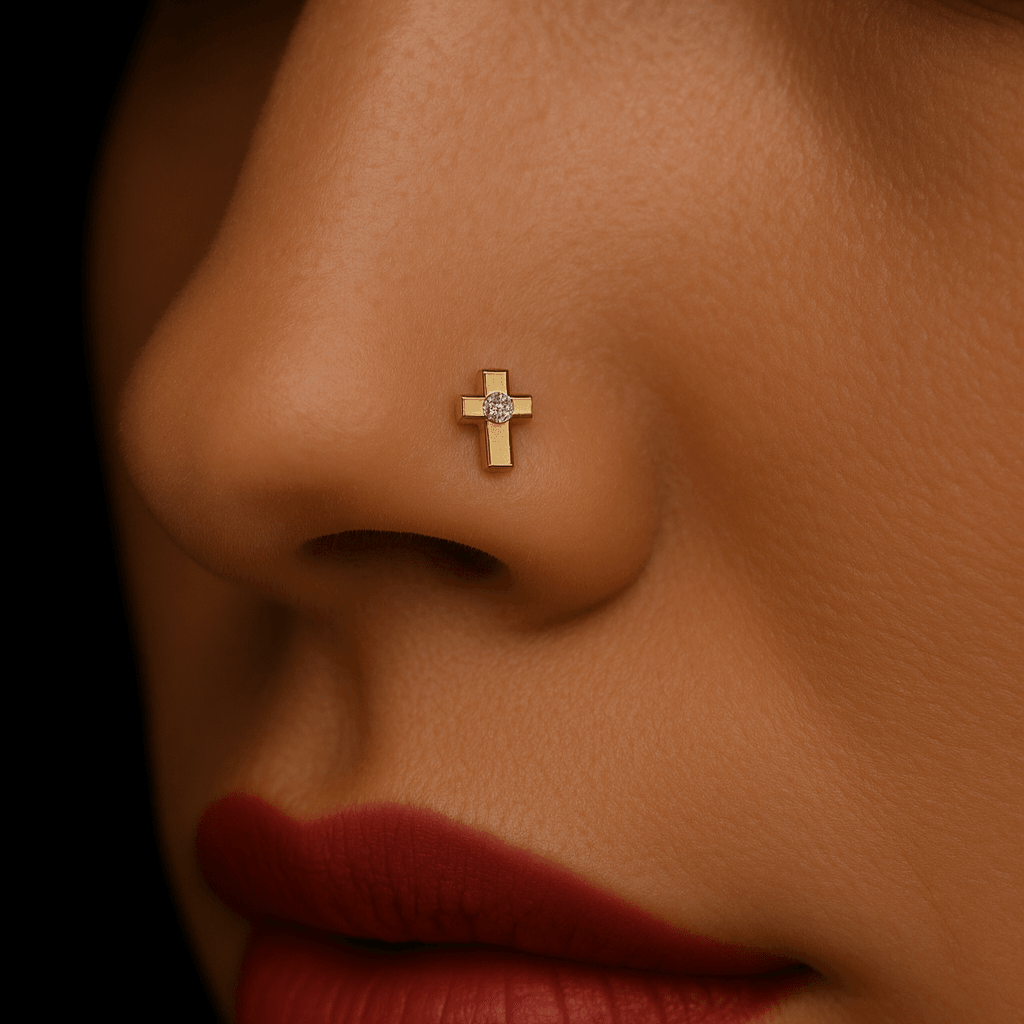 9K Gold Cubic Zirconia Jewelled Cross Design Nose Bone