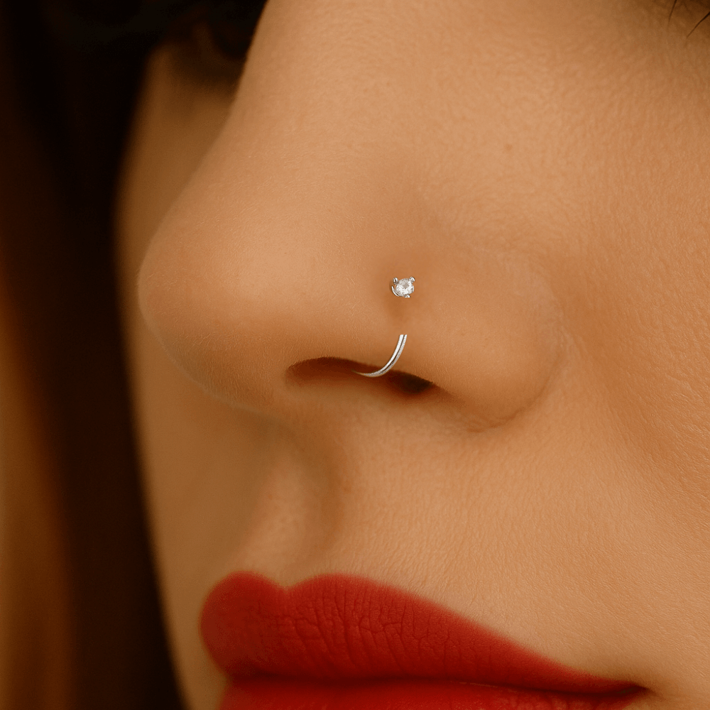 9K Gold Cubic Zirconia in Bezel set Jewelled Open Hoop Nose Ring