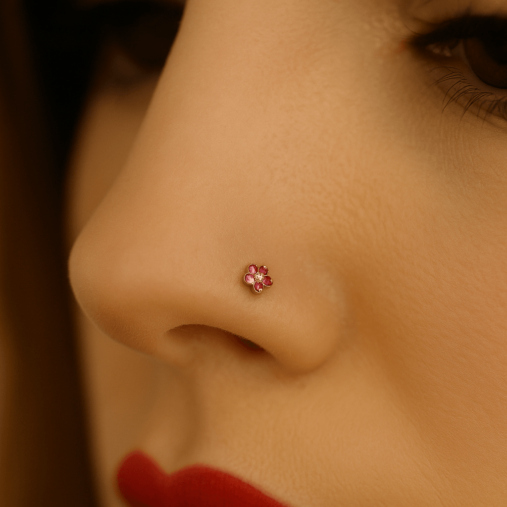 9K Gold Five Crystal Jewelled Flower Design Nose Stud