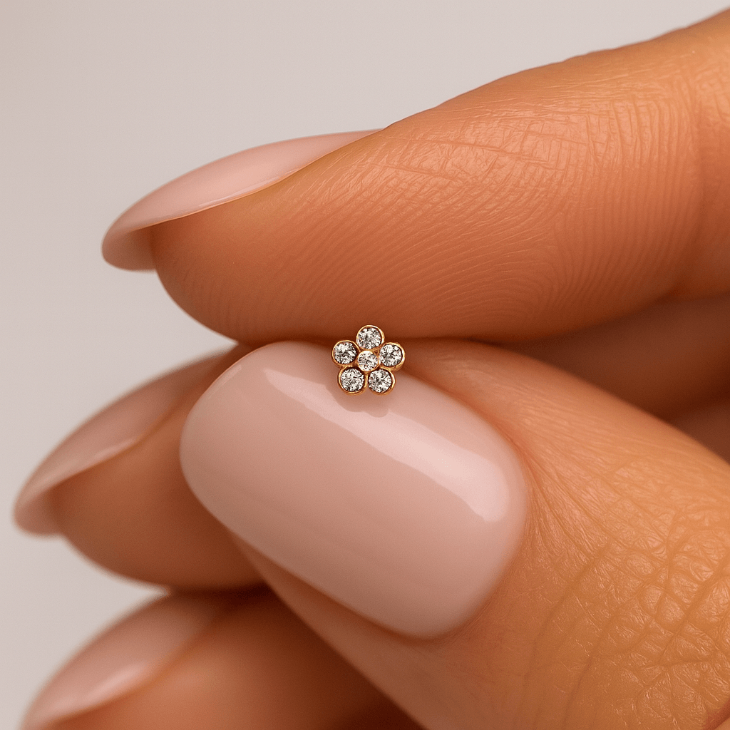 9K Gold Five Crystal Jewelled Flower Design Nose Stud