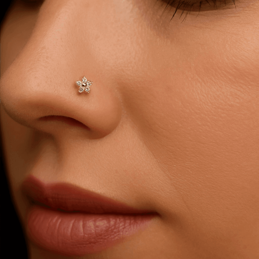 9K Gold Floral Flower Jewelled Nose Stud