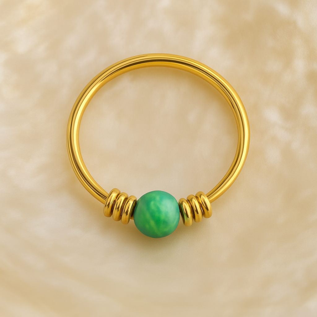9K Gold Spring Coil-End with Opal Stone Hoop Nose Ring