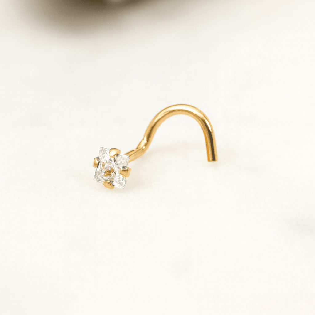 14K Gold Square CZ Jewelled Nose Screw