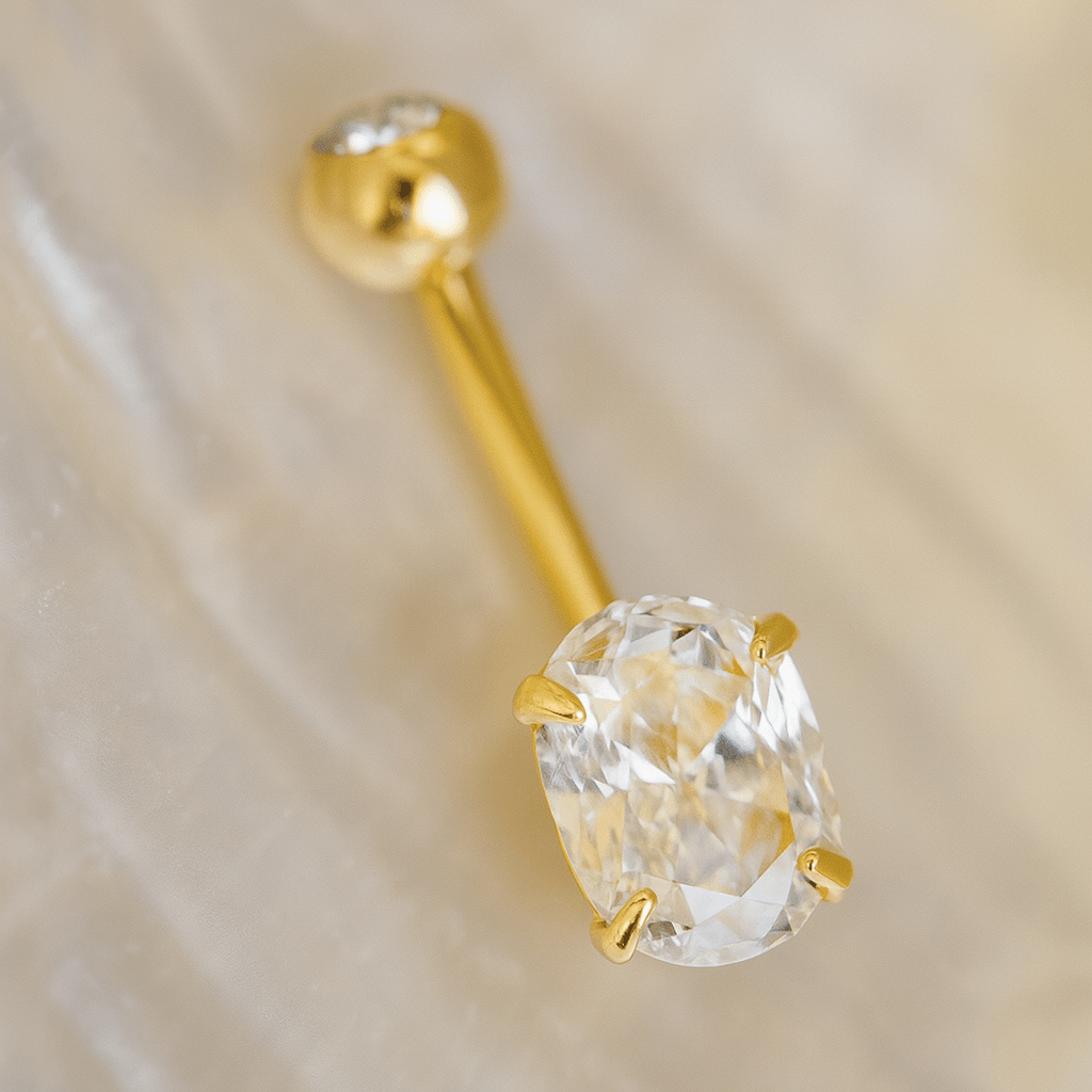 9K Gold Oval Cut CZ Jewelled Internally Threaded Top ball With CZ stone Belly Ring