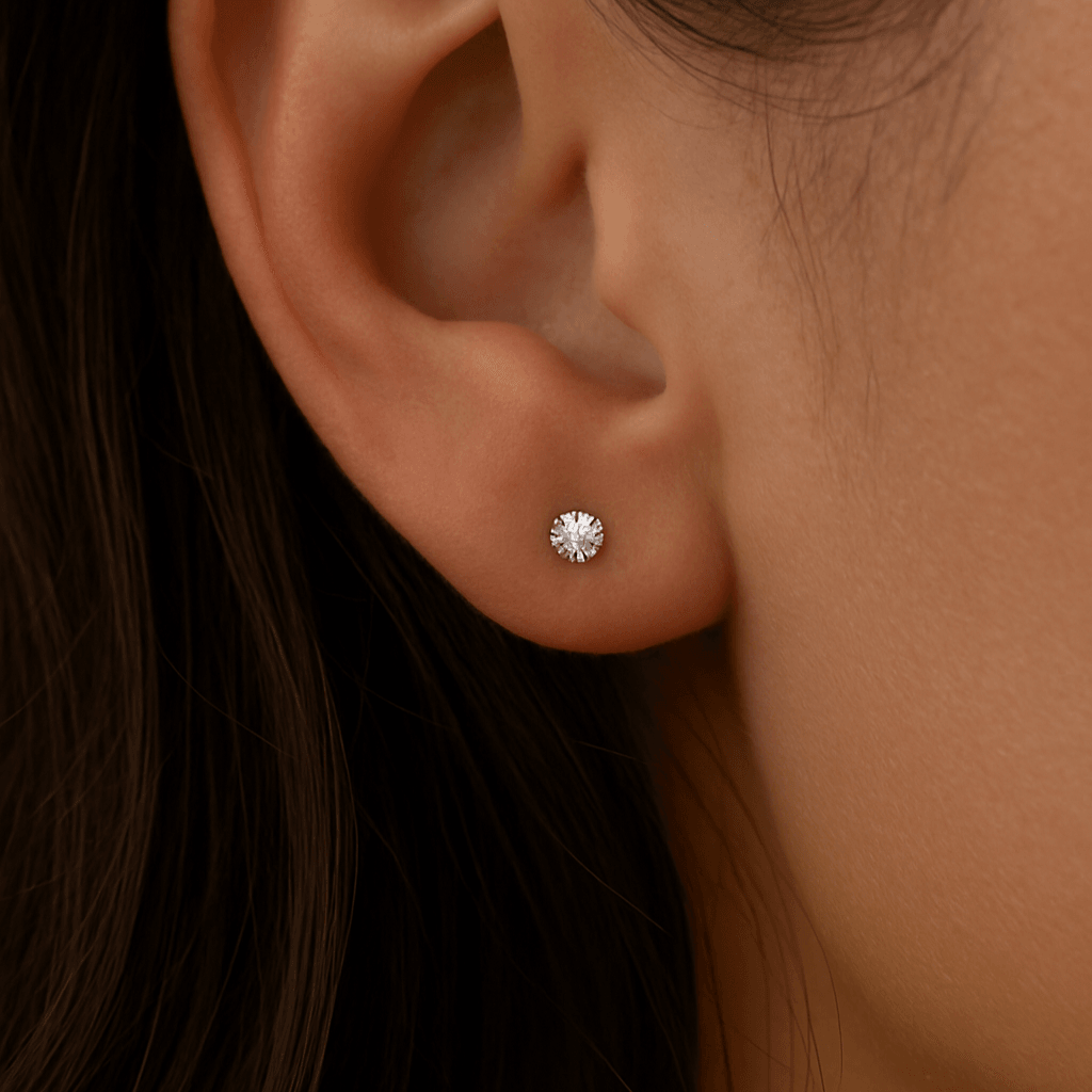 9K Gold Round Cubic Zirconia Top Internally Threaded Stud