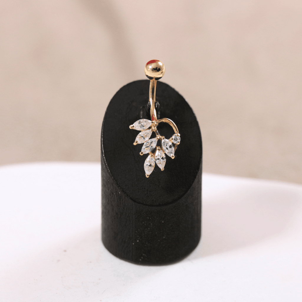 14K Gold Jewelled Leaf Belly Ring