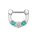316L Surgical Steel Three Pronged White and Aqua CZs Septum Clicker Ring