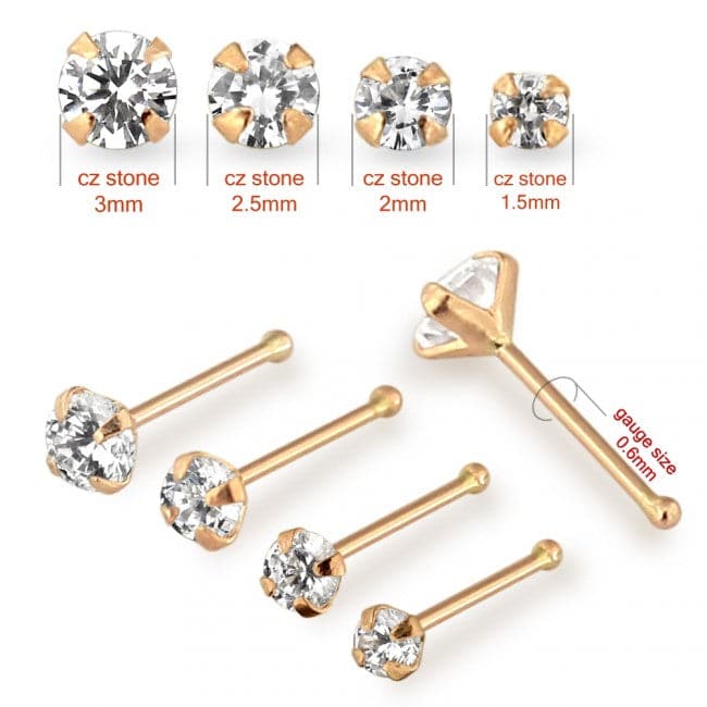 9K Gold with Round Shaped Clear Colour Cubic Zirconia Jewelled Nose Bone