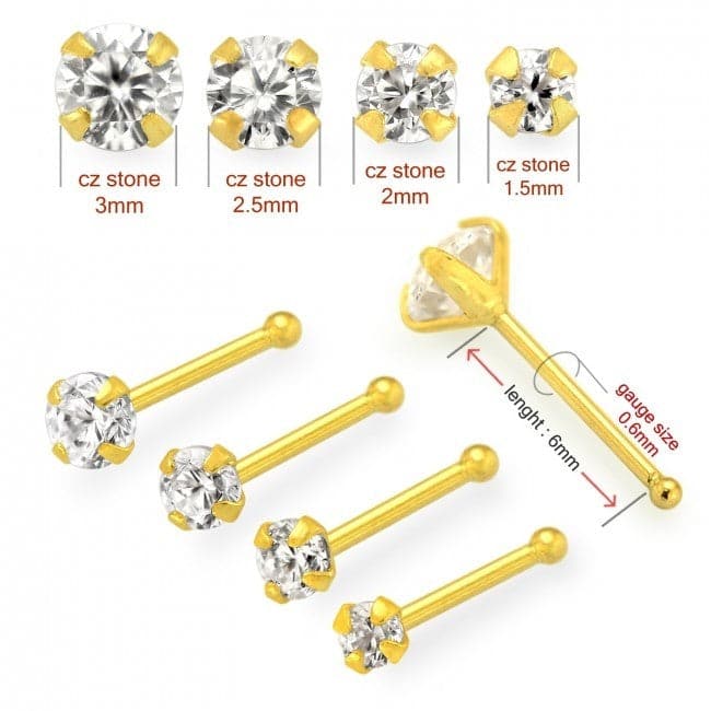 9K Gold with Round Shaped Clear Colour Cubic Zirconia Jewelled Nose Bone