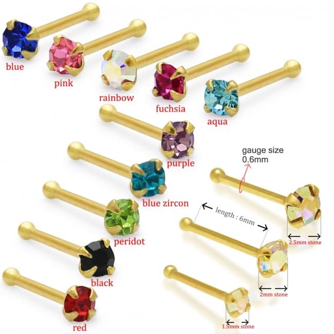 9K Gold with Colourful Crystal Stone Jewelled in Prong set Nose Bone