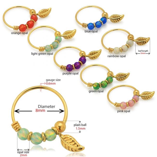 9K Gold Opal Stones with Leaf Hoop Nose Ring
