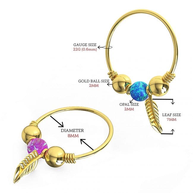 9K Gold Opal Bead and Leaf Charm Nose Hoop Ring