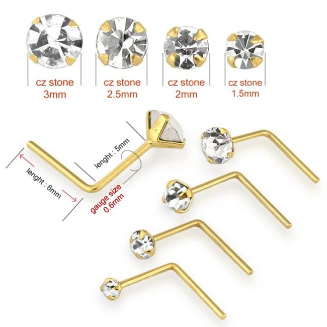9K Gold L-Shaped Genuine Crystal Nose Stud