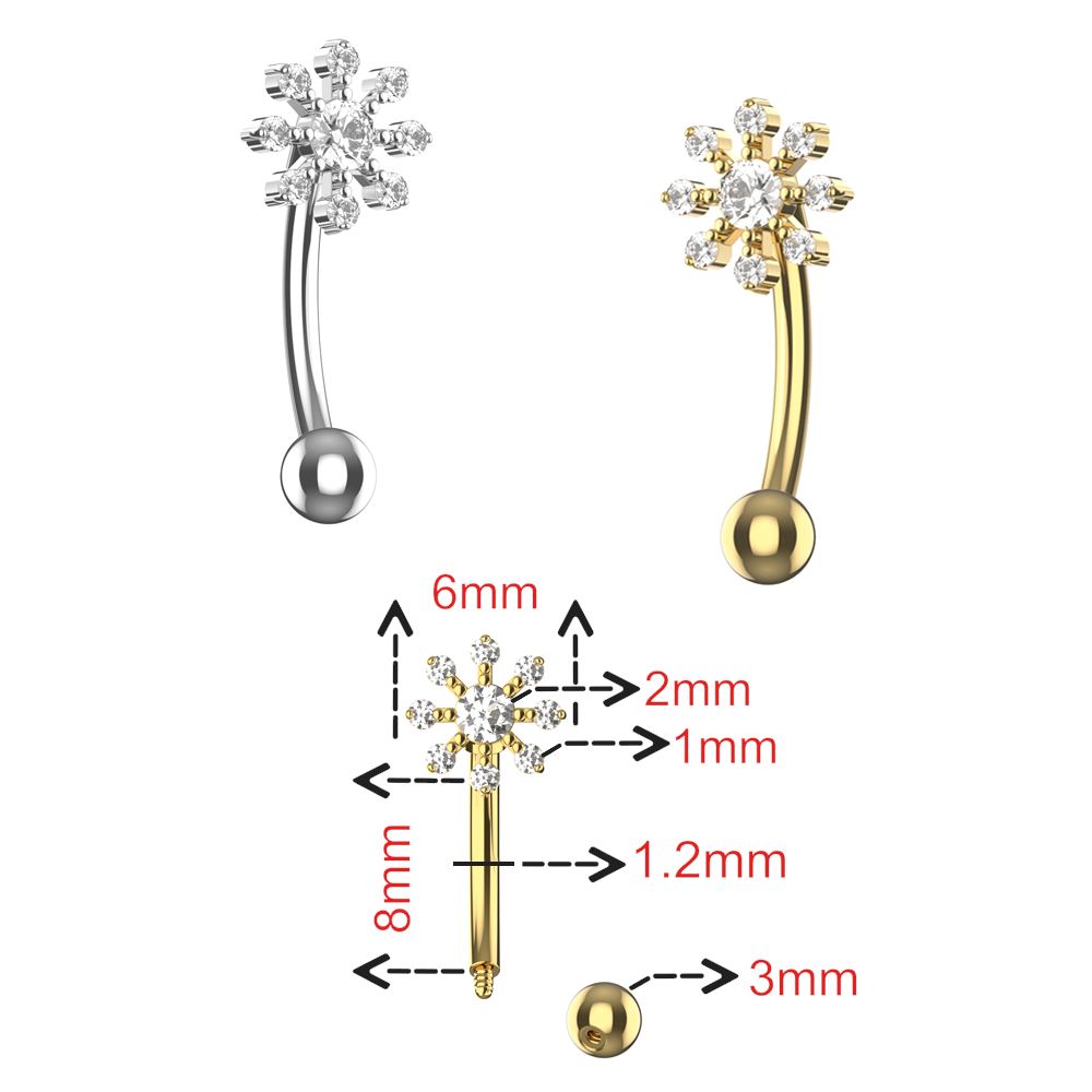 316L Surgical Steel CZ Jewelled Flower Eyebrow Banana Ring