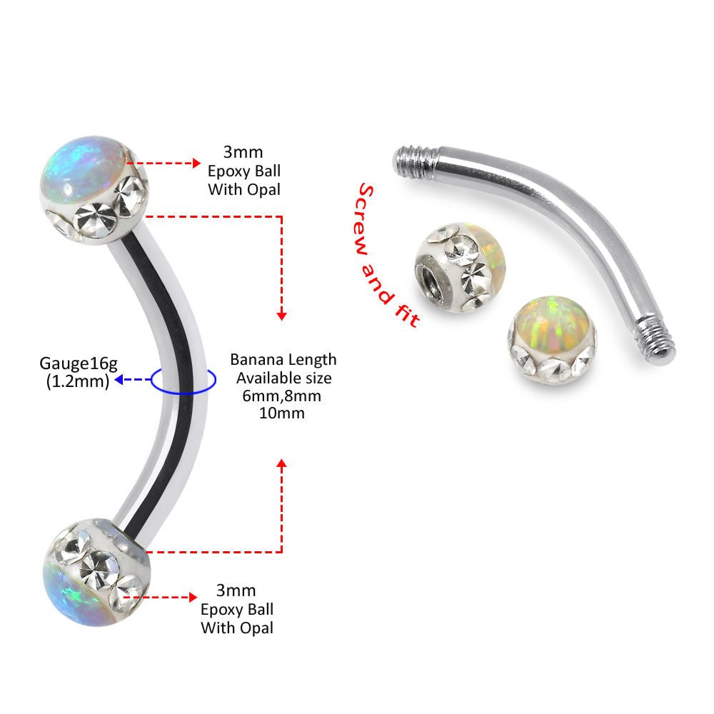 316L Surgical Steel Multi CZ and Opal Jewelled Curved Eyebrow Bar