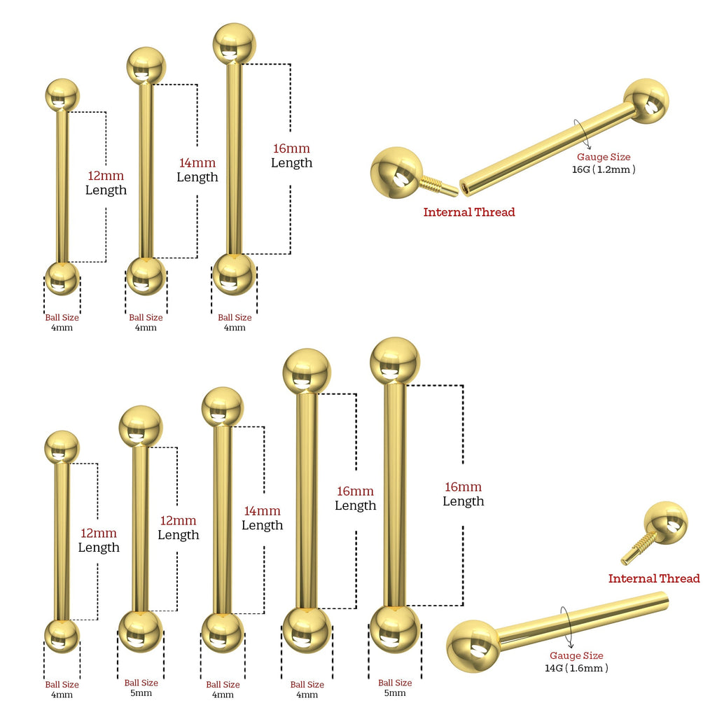 14K Gold Straight Tongue Barbell with Ball