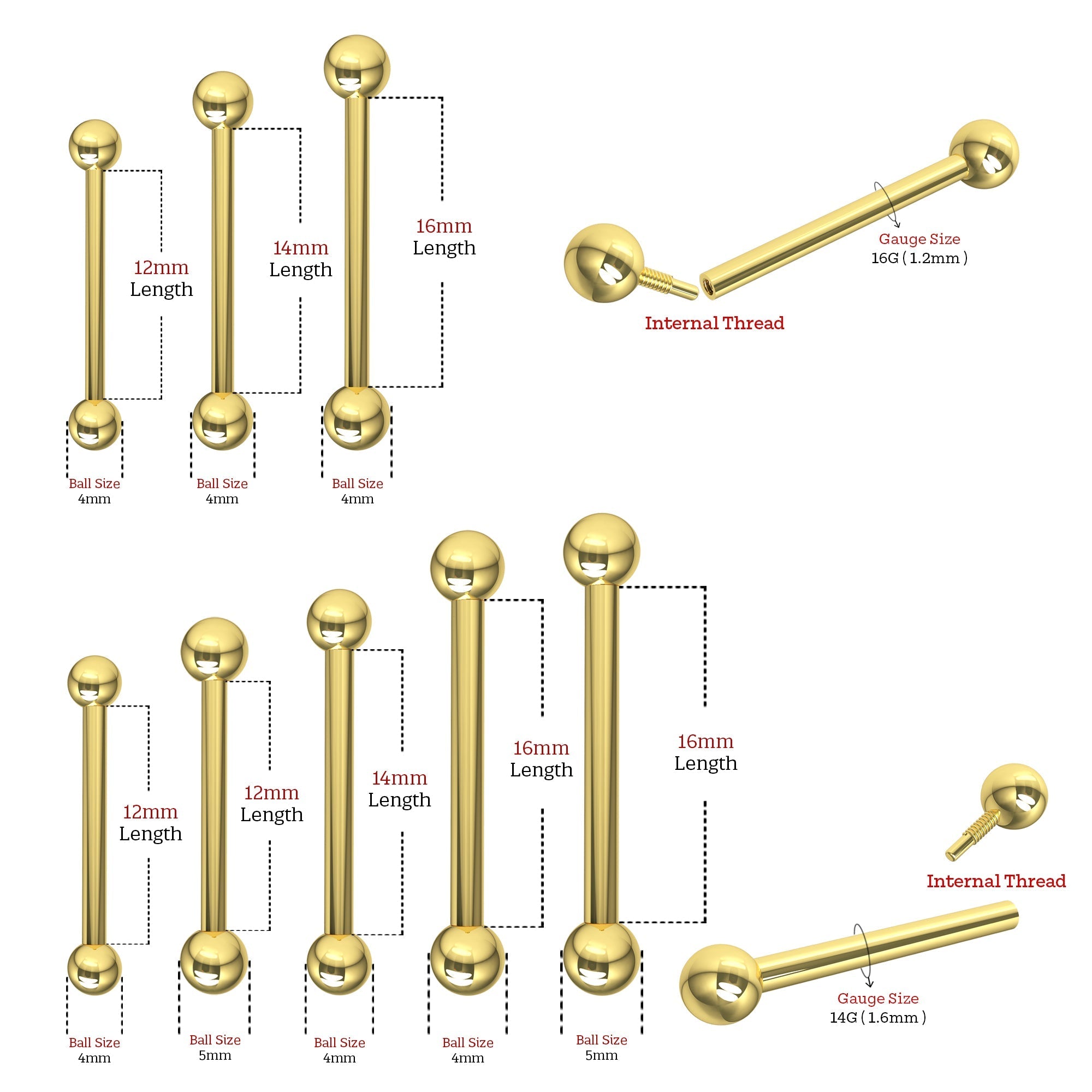 14K Gold Straight Tongue Barbell with Ball