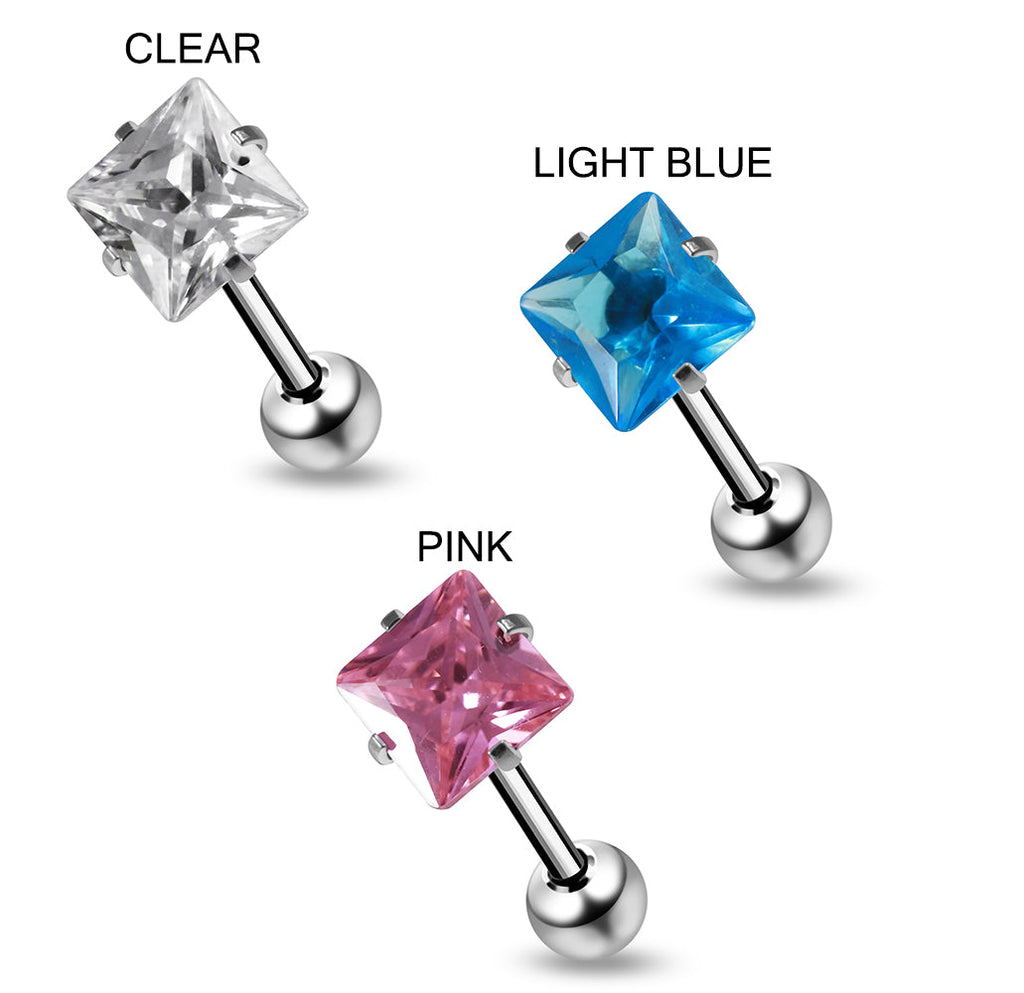 316L Surgical Steel Square Shape Cubic Zirconia Jewelled Tongue Bar