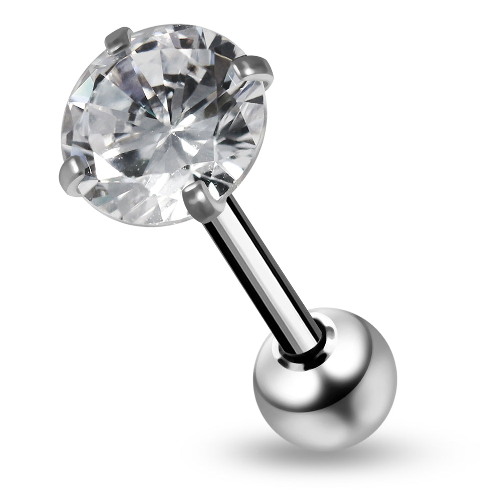 316L Surgical Steel Round Shape Cubic Zirconia Jewelled Tongue Bar