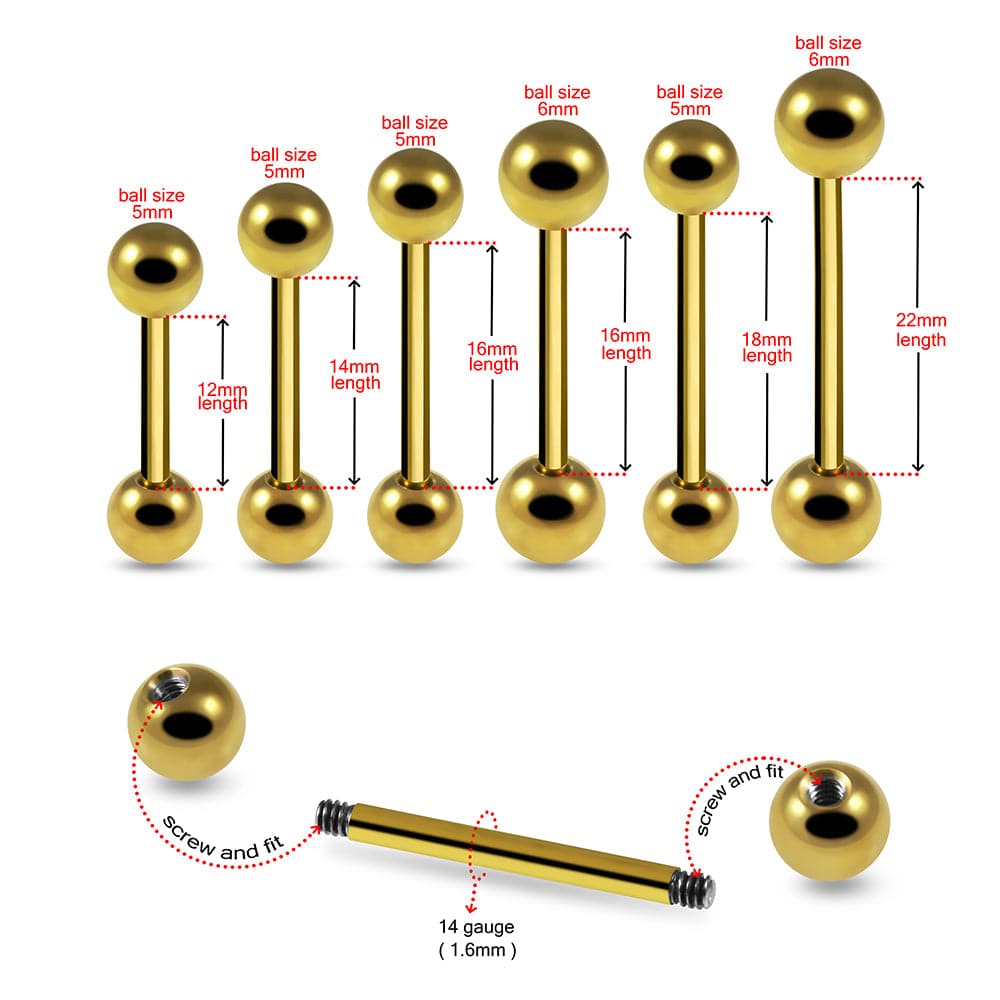 G23 Titanium Gold Anodised Straight Tongue Barbell with Ball
