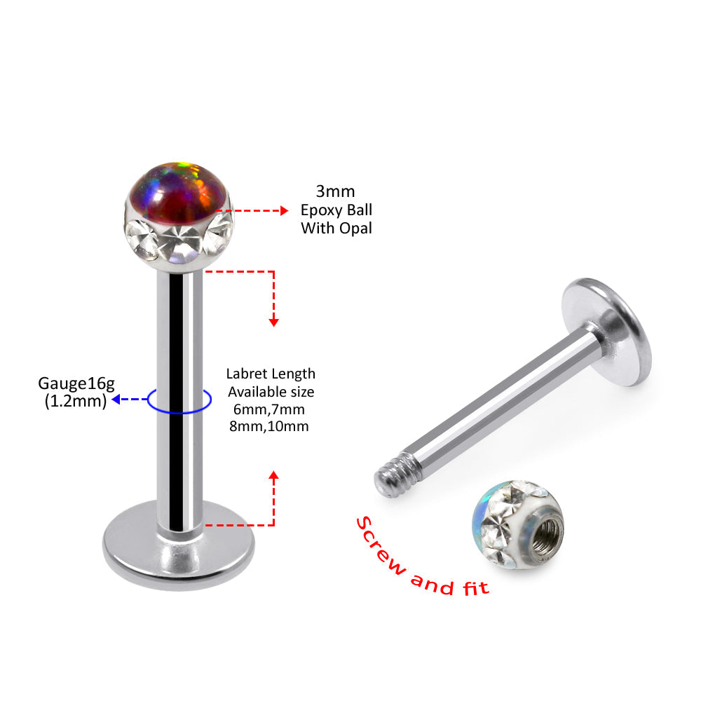 316L Surgical Steel CZ and Epoxy Ball with Opal Jewelled Labret Stud