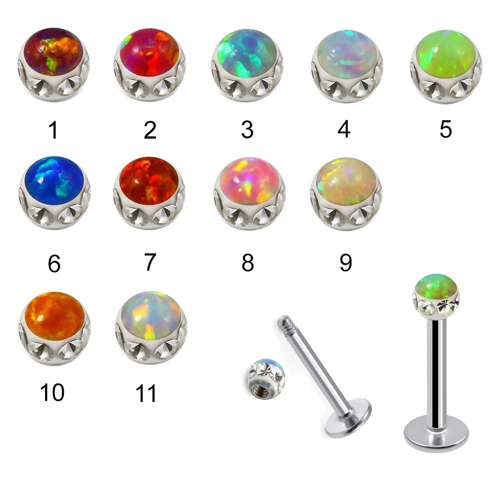 316L Surgical Steel CZ and Epoxy Ball with Opal Jewelled Labret Stud