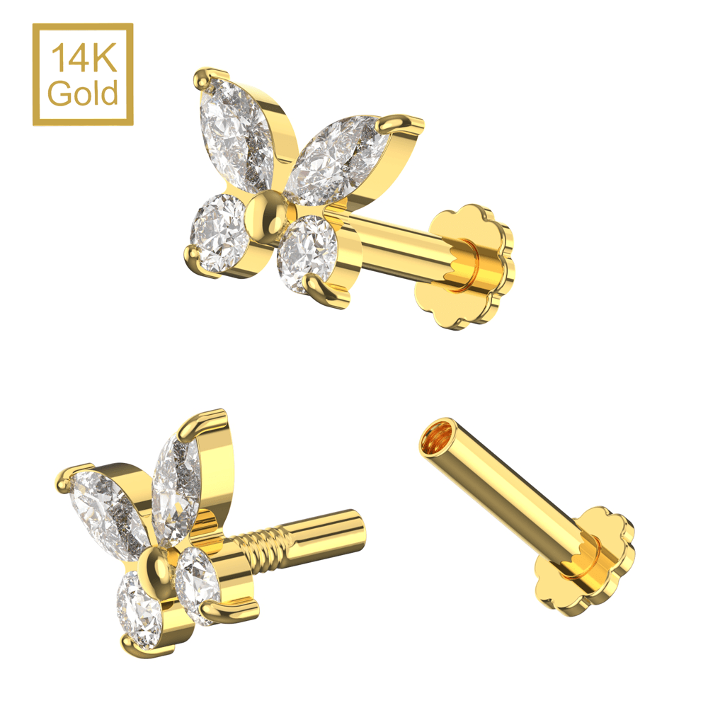 14K Gold CZ Jewelled Butterfly Design Internal Thread Labret with Flowerback Stud