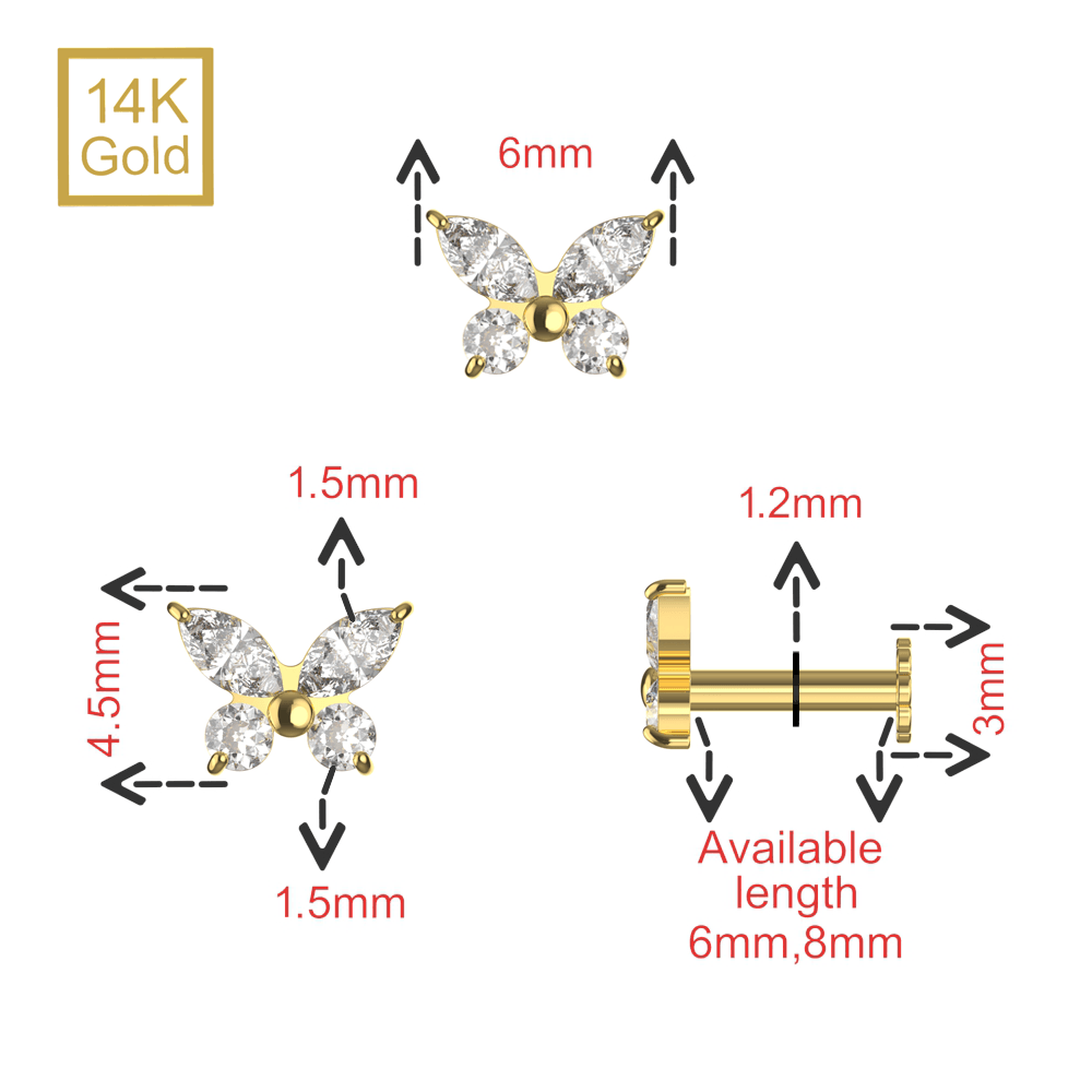 14K Gold CZ Jewelled Butterfly Design Internal Thread Labret with Flowerback Stud