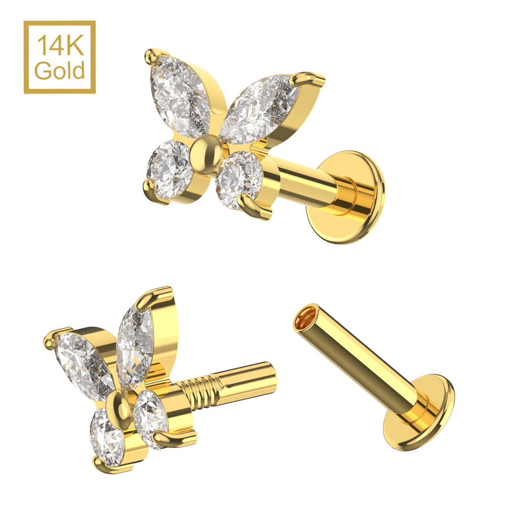 14K Gold CZ Jewelled Butterfly Internal Thread Labret with Flatback Stud