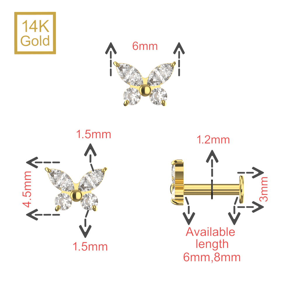 14K Gold CZ Jewelled Butterfly Internal Thread Labret with Flatback Stud