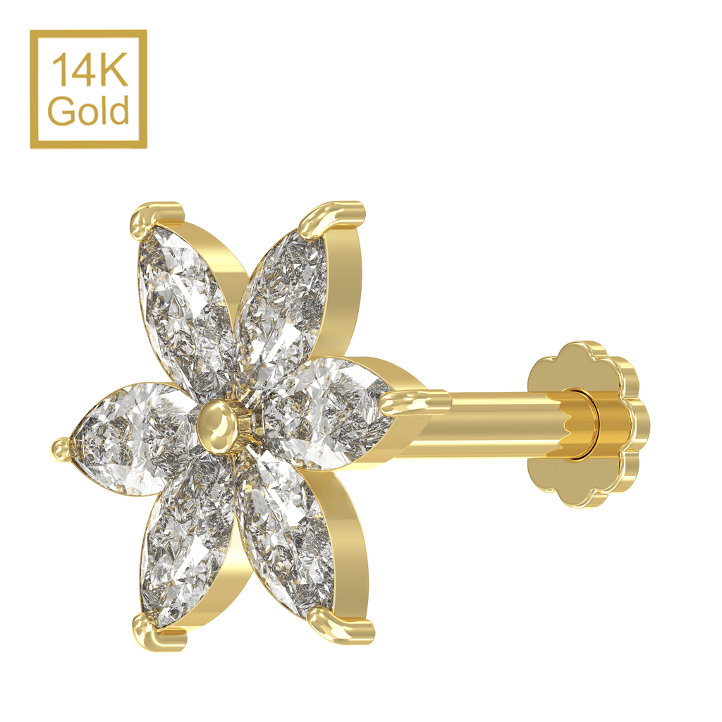14K Gold Marquise CZ Jewelled Pentas Flower Internal Thread Labret with Flowerback Stud