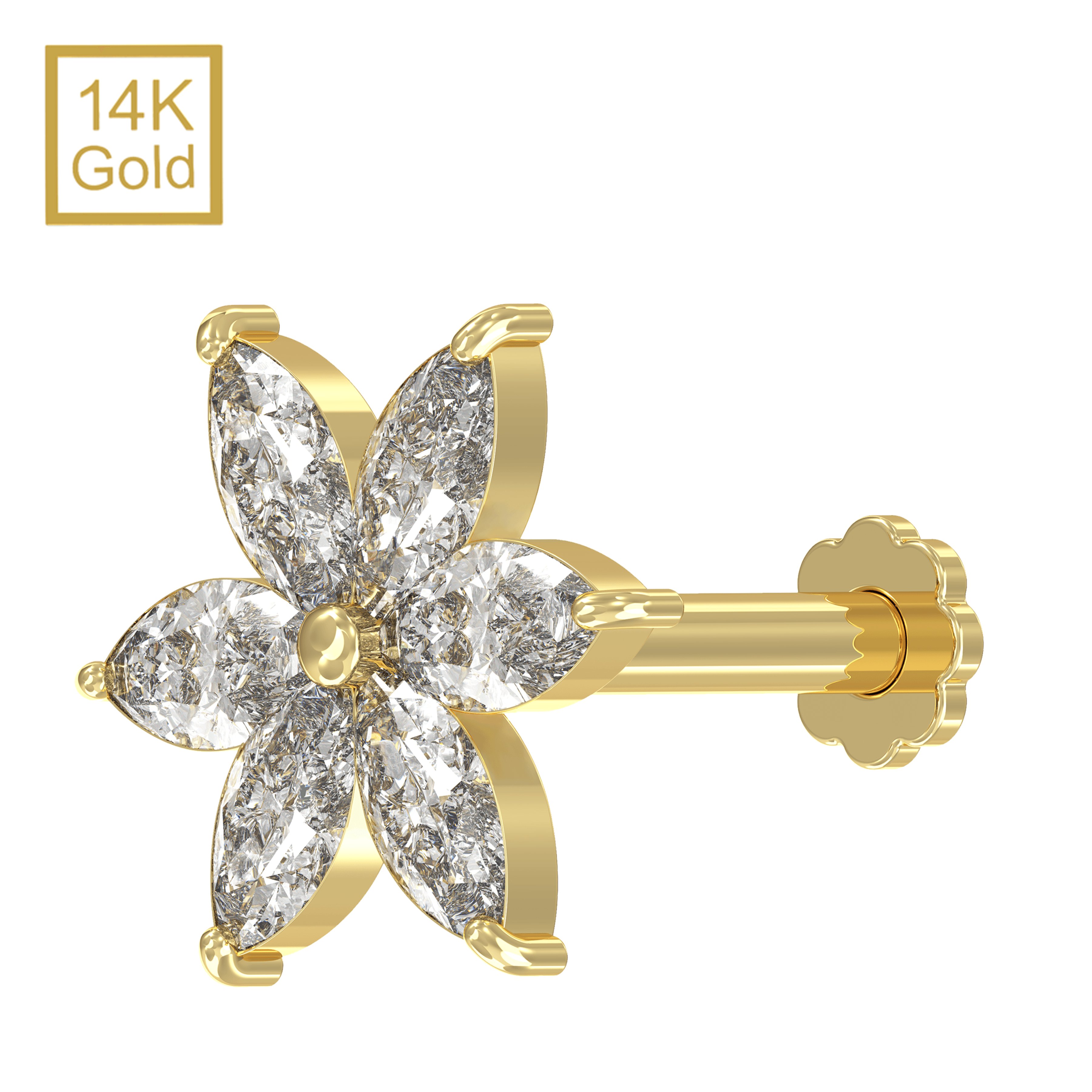 14K Gold Marquise CZ Jewelled Pentas Flower Internal Thread Labret with Flowerback Stud