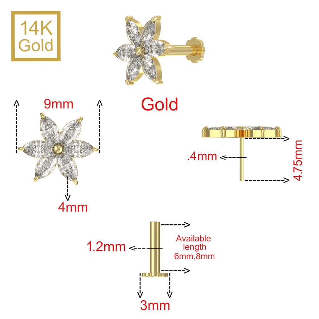 14K Gold Marquise CZ Jewelled Pentas Flower Internal Thread Labret with Flowerback Stud
