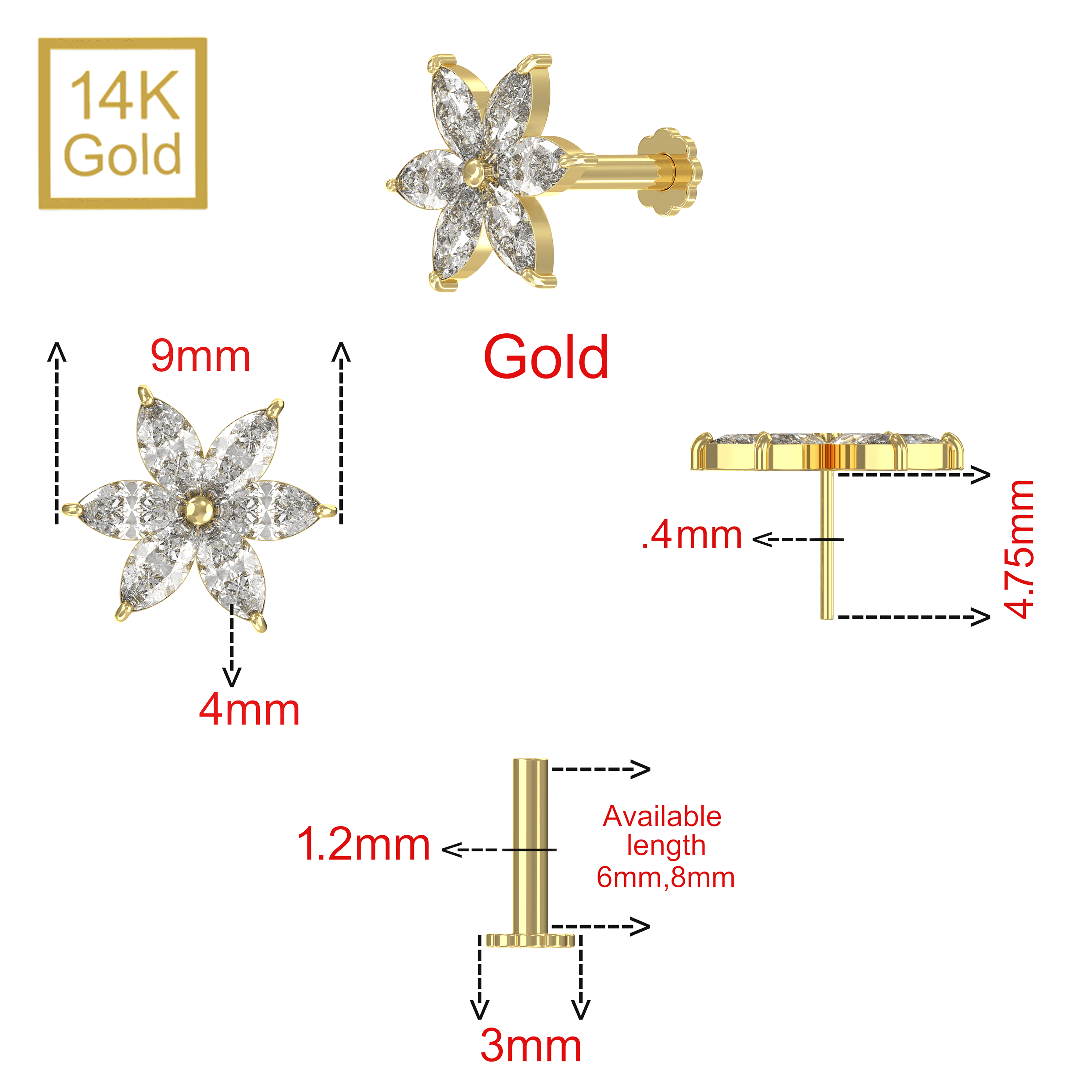 14K Gold Marquise CZ Jewelled Pentas Flower Internal Thread Labret with Flowerback Stud