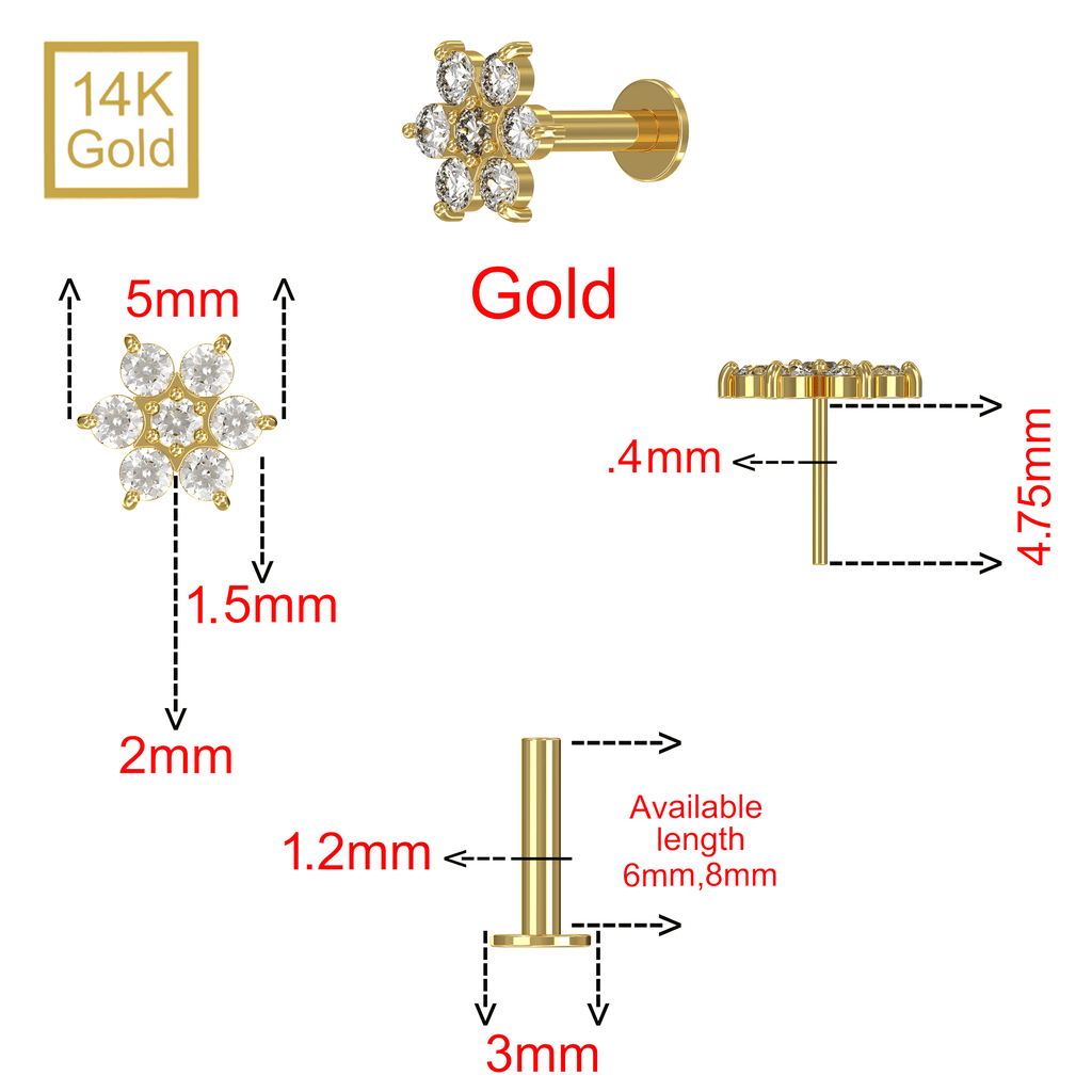 14K Gold Round CZ Jewelled Narcissus Flower Internal Thread Labret with Flatback Stud