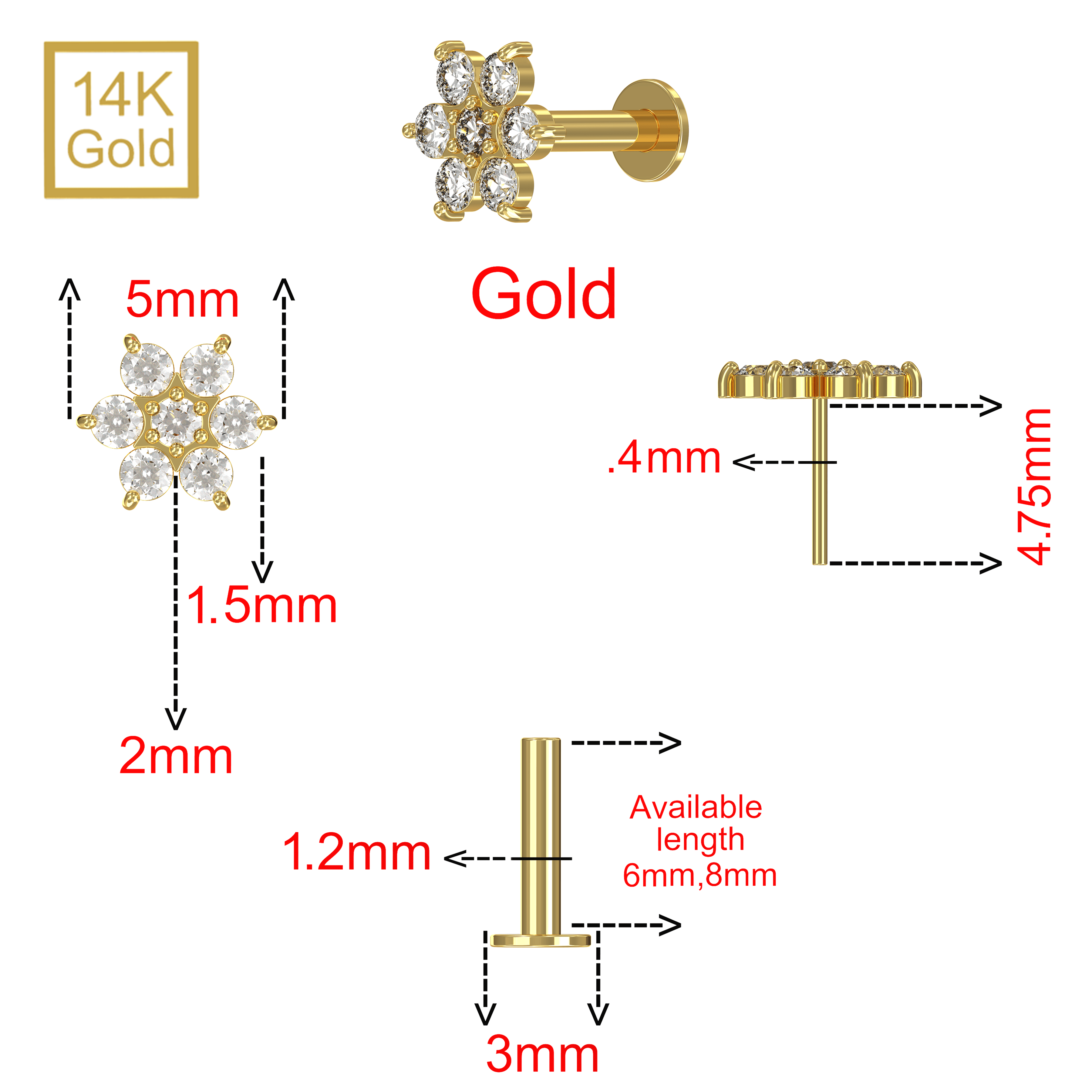 14K Gold Round CZ Jewelled Narcissus Flower Internal Thread Labret with Flatback Stud