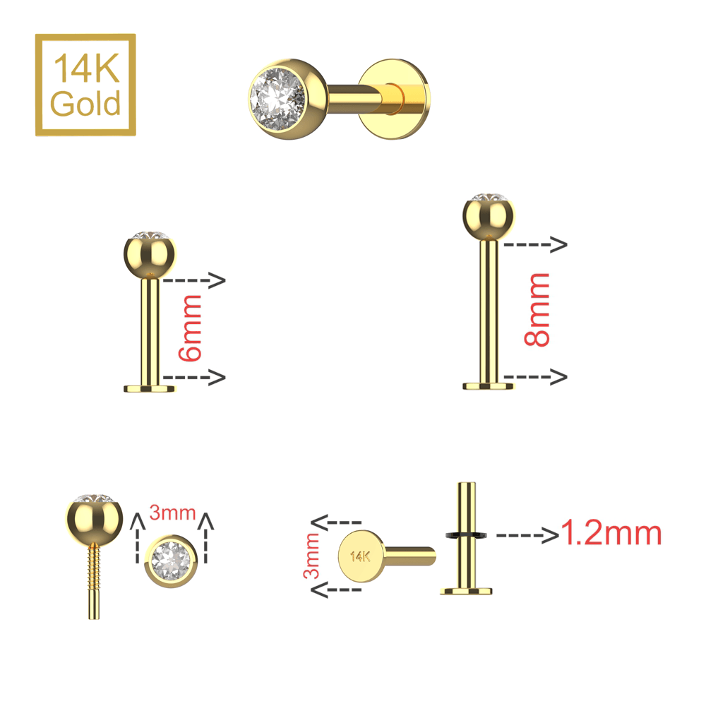 14K Gold Round CZ Jewelled Internally Threaded Labret with Flatback Stud