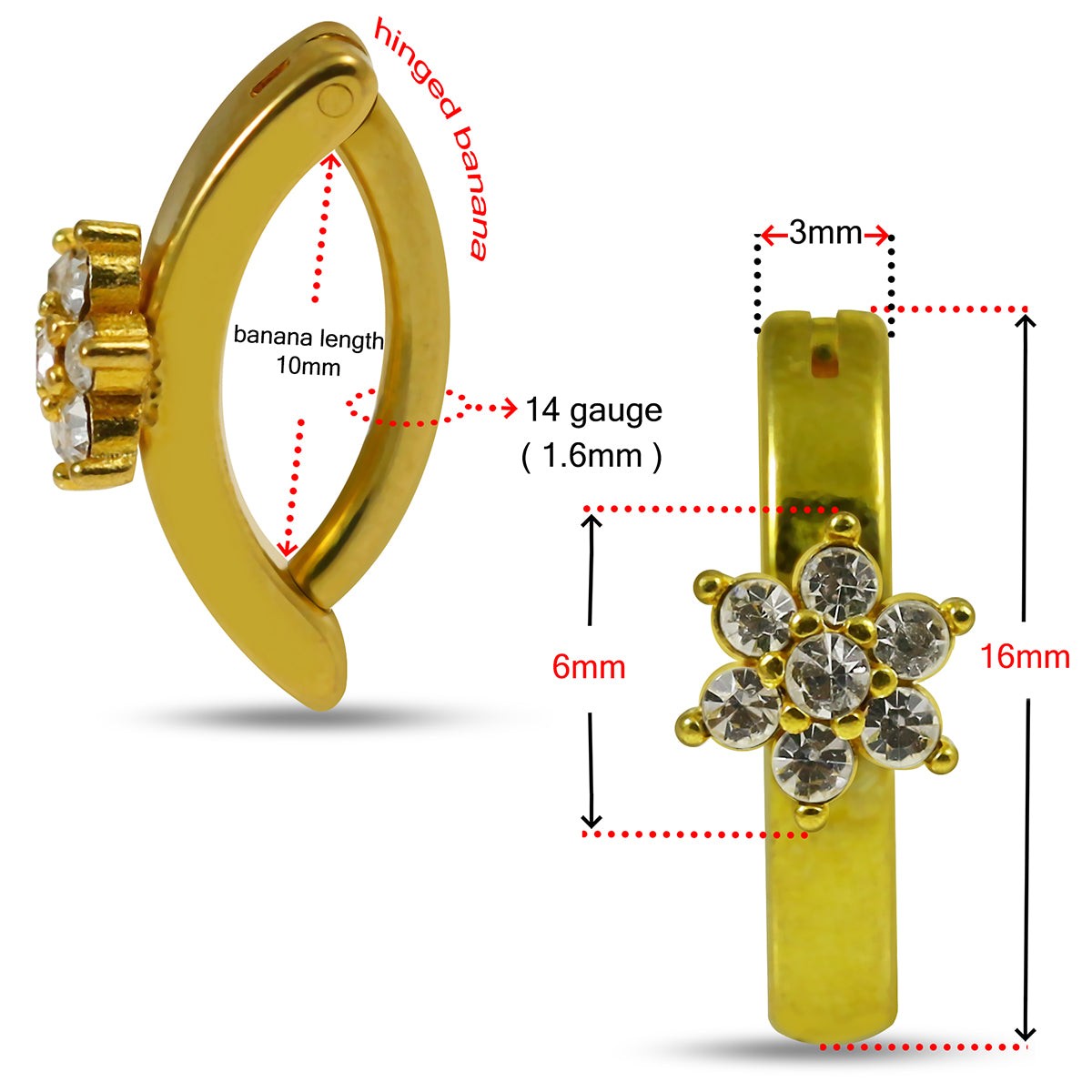 316L Surgical Steel Cubic Zirconia Flower Curved Clicker Belly Ring