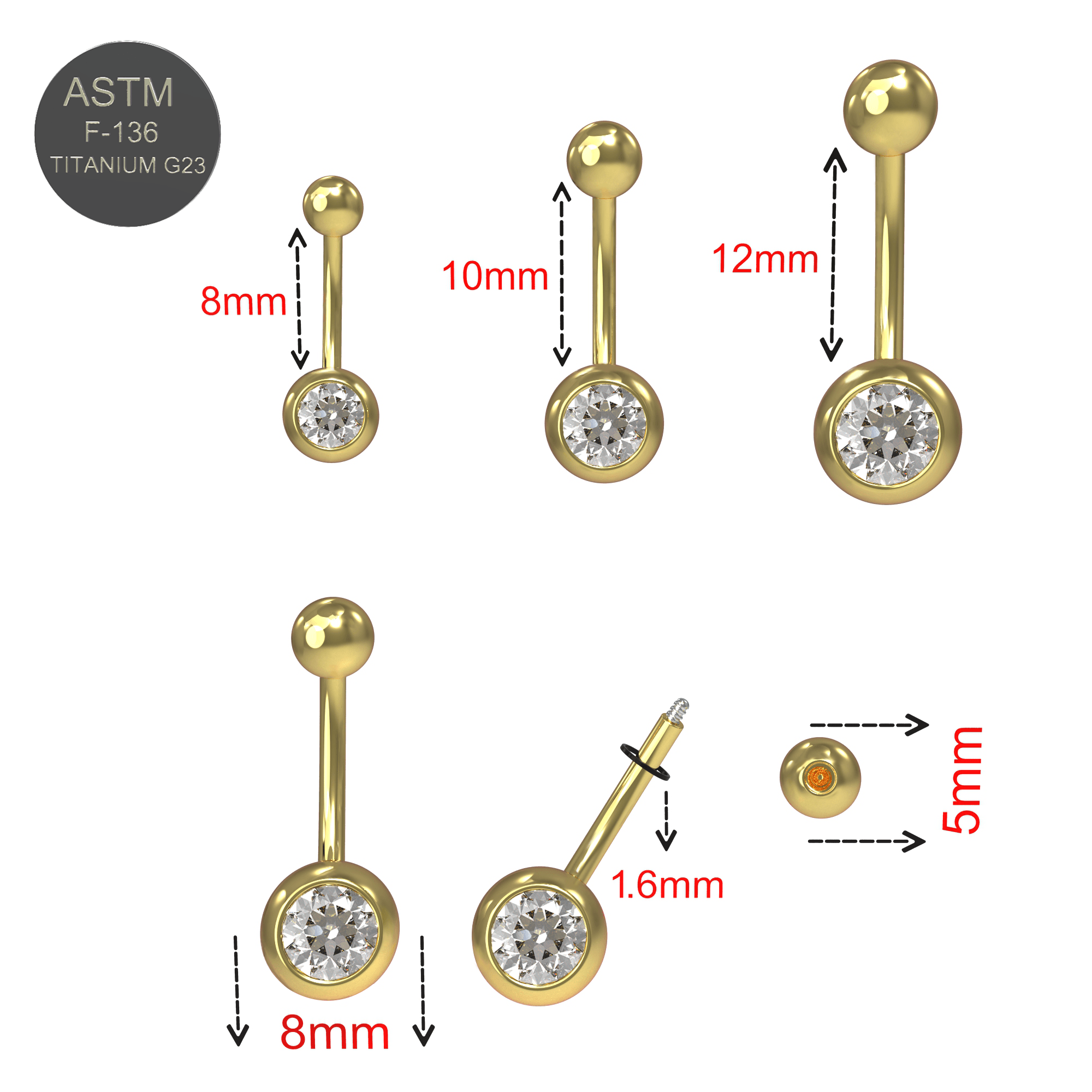 G23 Titanium CZ Jewelled Non Dangling Banana Belly Ring