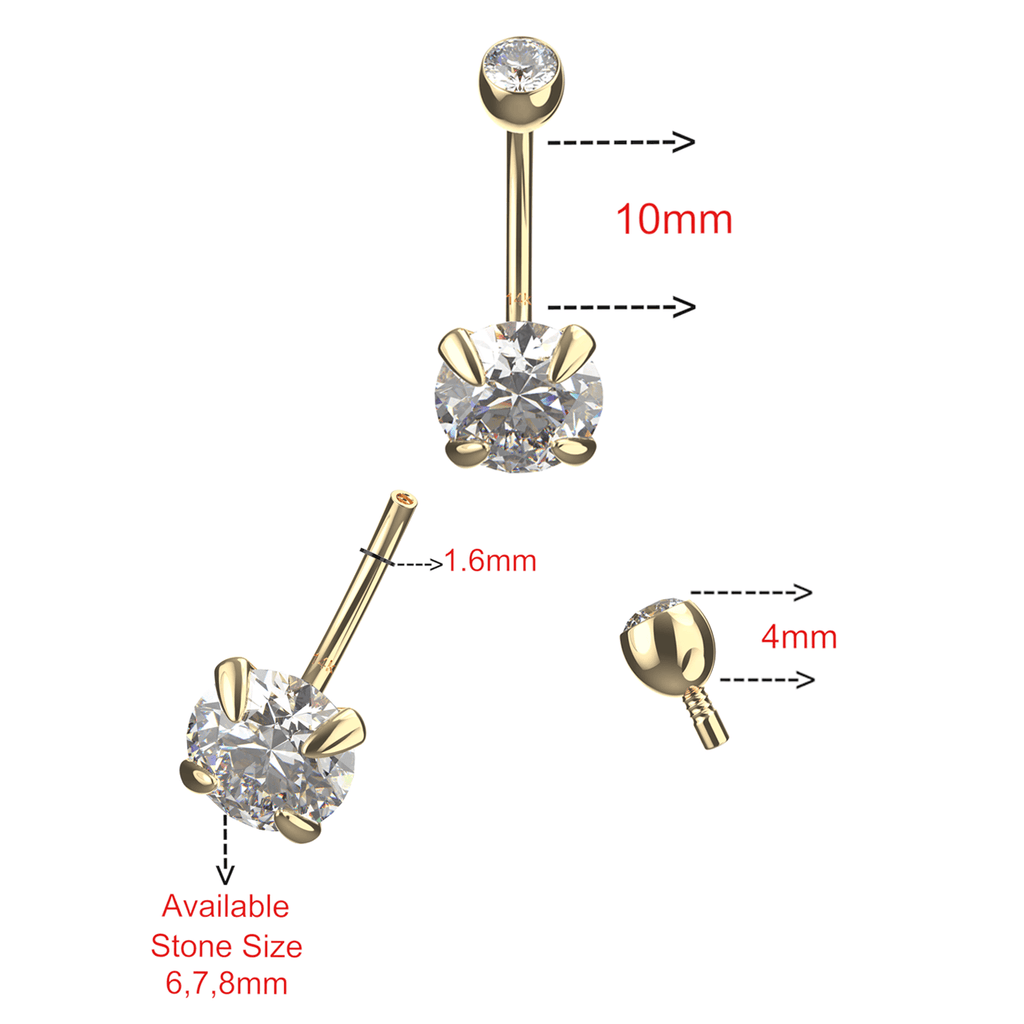14K Gold Double CZ Jewelled Internally Threaded Belly Ring