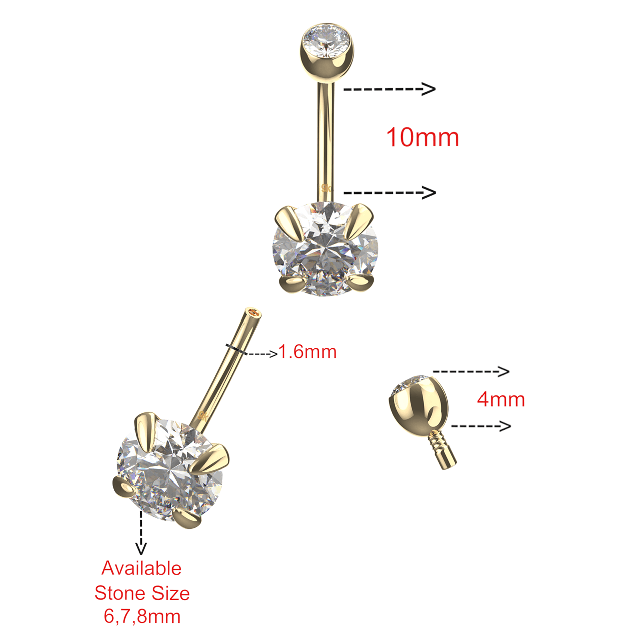9K Gold Double CZ Jewelled Internally Threaded Belly Ring