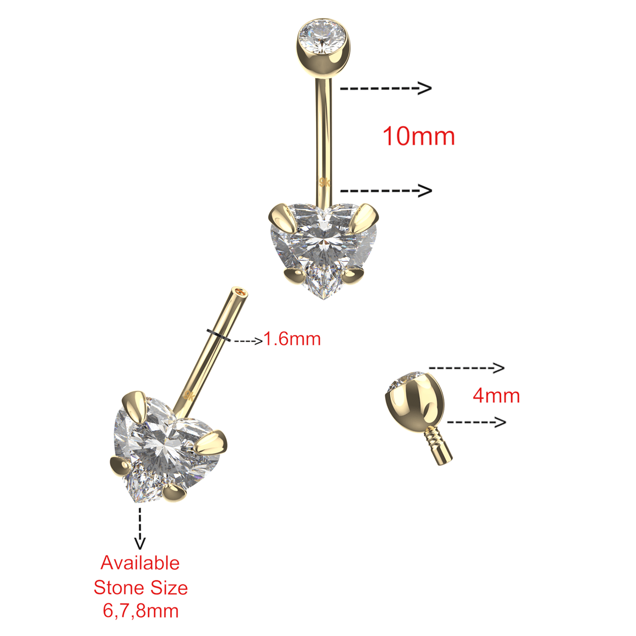9K Gold Heart Shaped CZ Jewelled Internally Threaded Top Ball With CZ Belly Ring