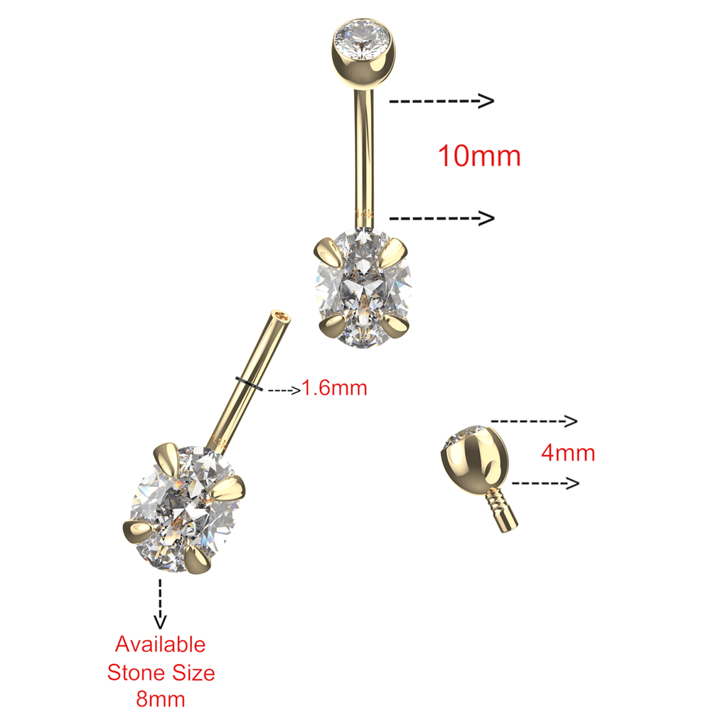 14K Gold Oval Cut CZ Jewelled Internally Threaded Top ball With CZ stone Belly Ring