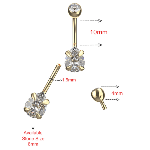 14K Gold Pear Cut CZ Jewelled Internally Threaded Top Ball With CZ Belly Ring