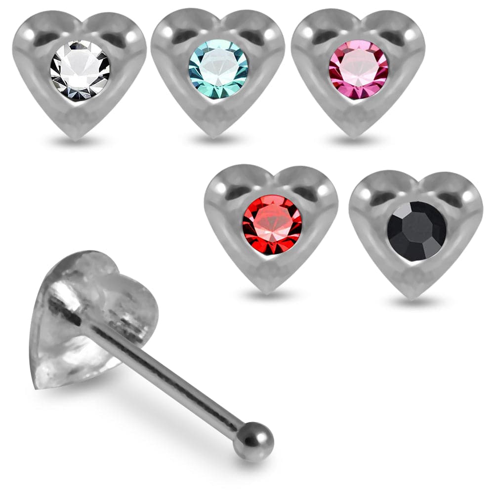 925 Sterling Silver 5pcs Jewelled Heart Nose Bone Set