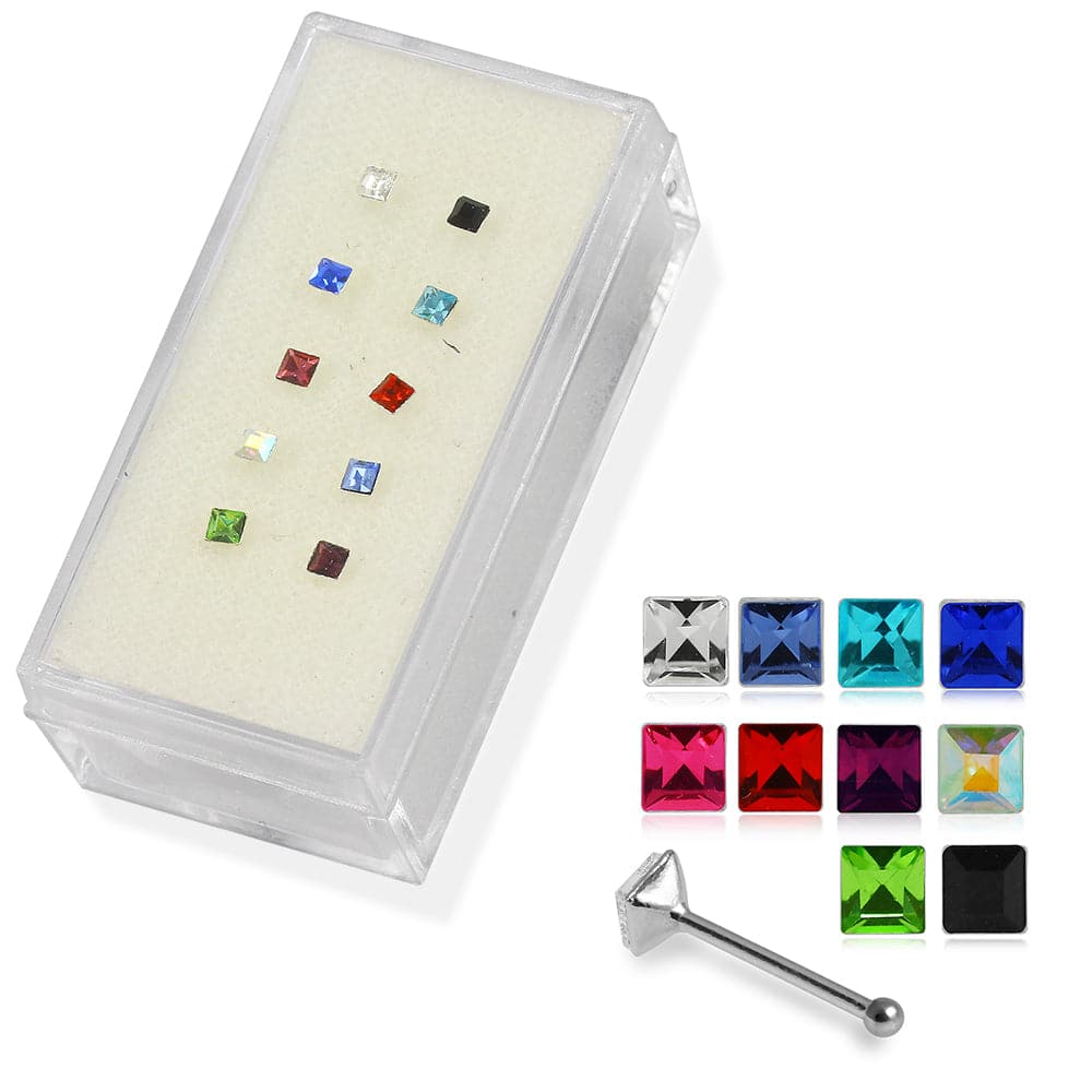 925 Sterling Silver 10pcs Square CZ Jewelled Nose Bone Box
