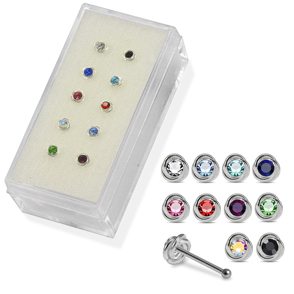 925 Sterling Silver 10pcs Round CZ Jewelled Nose Bone Box
