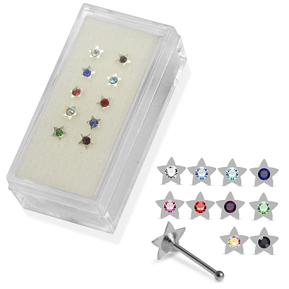 925 Sterling Silver 10pcs CZ Jewelled Star Nose Bone Box