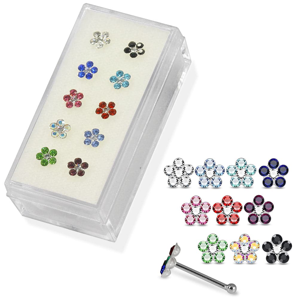 925 Sterling Silver 10pcs CZ Jewelled Floral Flower Nose Bone Set